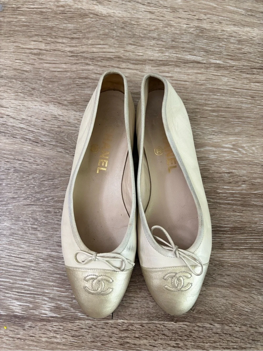CHANEL Two-Tone Metallic Gold and Cream Ballerina Flats